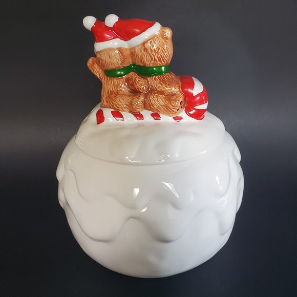 Vtg Santa Bear Cookie Jar Teddies Riding Candy Cane Sleigh Sled on Snowball NOS - Picture 3 of 9